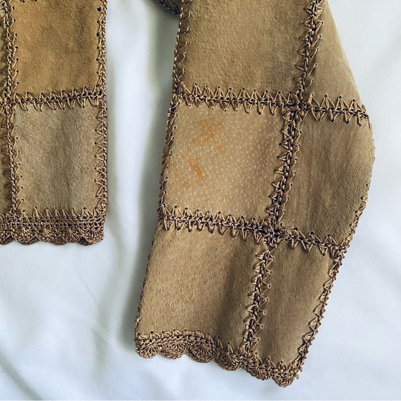 Vtg Boho Leather Shacket Jacket Crochet Patchwork Scalloped Hem Tan Leopard Sz M - Picture 12 of 13